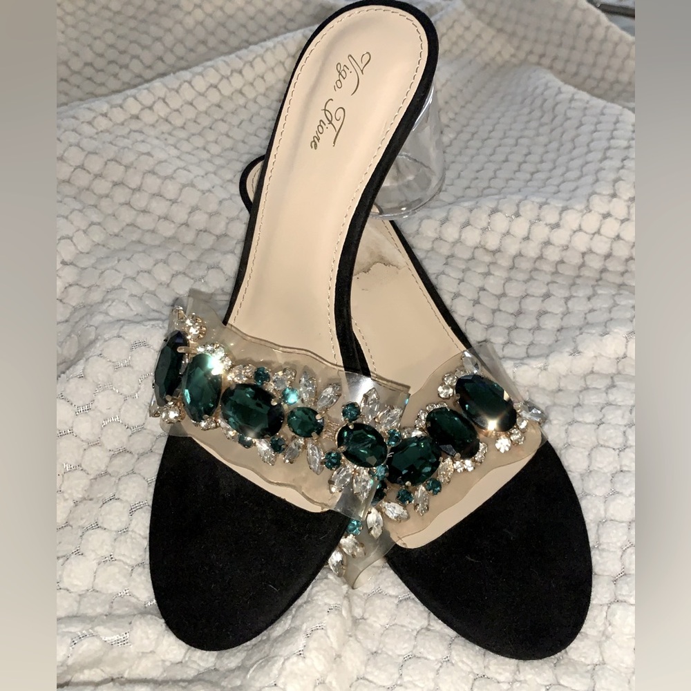 Emerald rhinestone slip on heel